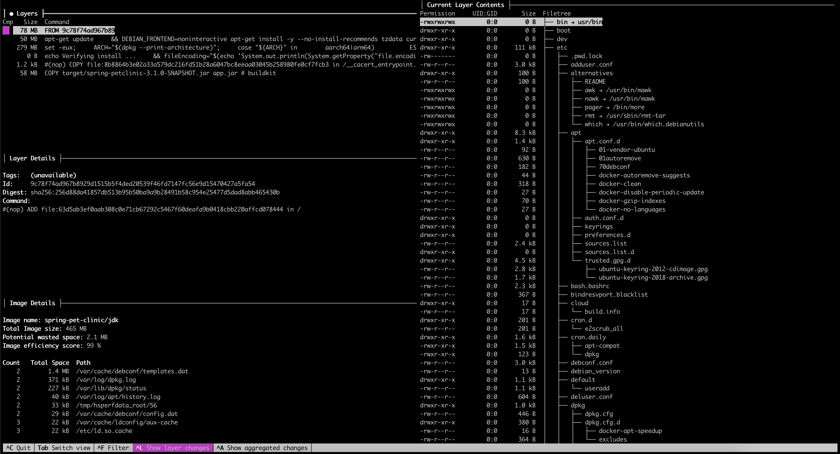 Docker image overview using Dive tool of a basic Dockerfile